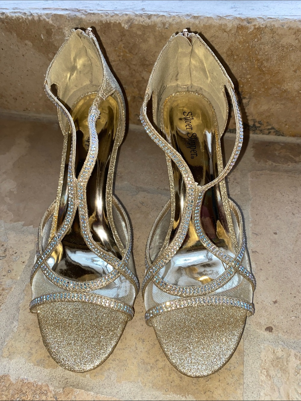 Silver Slipper Women’s Gold Glitter Strappy Heels with Rhinestone Accents